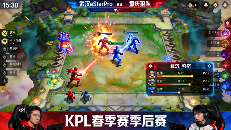 王者荣耀KPL春季赛季后赛对战直播画面，双方队伍在王者峡谷中决战